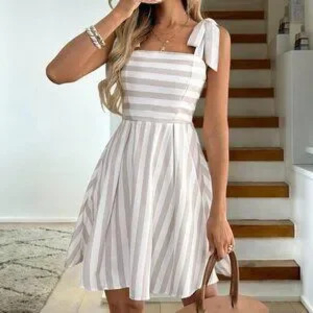 ZARA Khaki Casual Women's Striped Flowy Dress